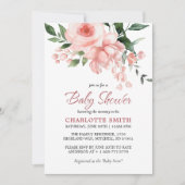 赤面ピンクローズフローラ水彩赤ちゃんシャワー 招待状 (正面)