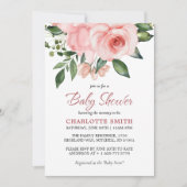 赤面ピンクローズフローラ水彩赤ちゃんシャワー 招待状 (正面)