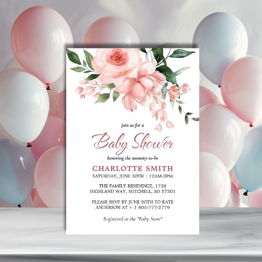 赤面ピンクローズフローラ水彩赤ちゃんシャワー 招待状