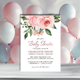 赤面ピンクローズフローラ水彩赤ちゃんシャワー 招待状