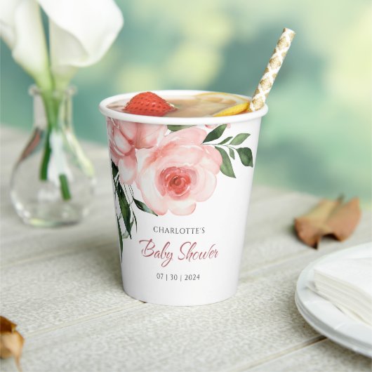 赤面ピンクローズフローラ水彩赤ちゃんシャワー 紙コップ (インサイチュ)