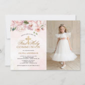 赤面ピンクローズフローラ第一聖体拝領写真 招待状 (正面)