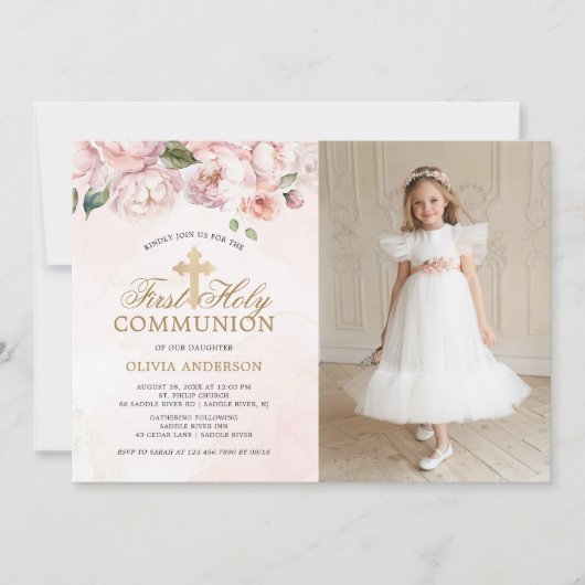 赤面ピンクローズフローラ第一聖体拝領写真 招待状 (正面)