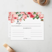 赤面ピンクローズフローラ結婚レシピカード ノートカード (正面/裏面インサイチュ)