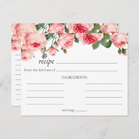 赤面ピンクローズフローラ結婚レシピカード ノートカード (正面/裏面)