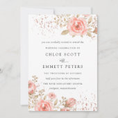 赤面ピンクローズフローラ葉金ゴールド 招待状 (正面)
