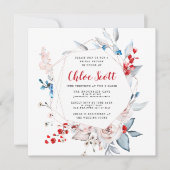 赤面ピンクローズフローラ赤いハートブライダルシャワー 招待状 (正面)