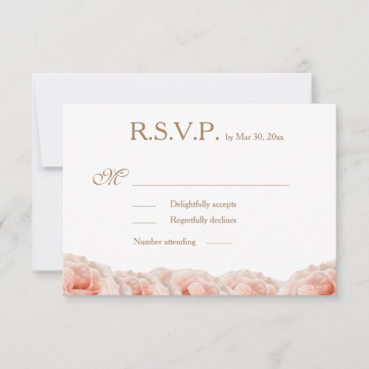 赤面ピンクローズフローラ金ゴールドホワイトウェディングRSVP 招待状 (正面)
