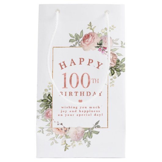 赤面ピンクローズフローラ金ゴールド100誕生日 スモールペーパーバッグ (正面)
