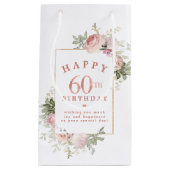 赤面ピンクローズフローラ金ゴールド60誕生日 スモールペーパーバッグ (正面)