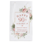 赤面ピンクローズフローラ金ゴールド90th誕生日スモールGi スモールペーパーバッグ (正面)