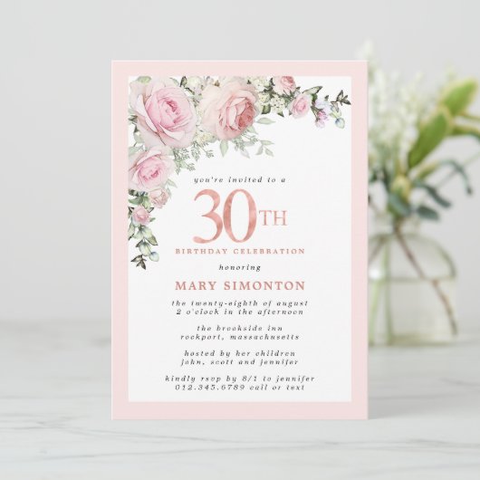 赤面ピンクローズフローラ30歳の誕生日パーティー 招待状 (スタンド正面)