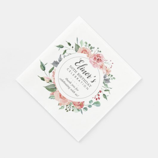 赤面ピンクローズフローラ50誕生日有難う スタンダードランチョンナプキン (角)