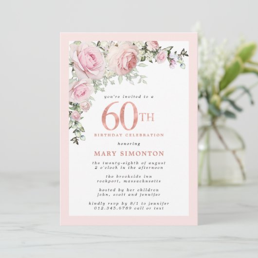 赤面ピンクローズフローラ60th誕生日パーティー 招待状 (スタンド正面)