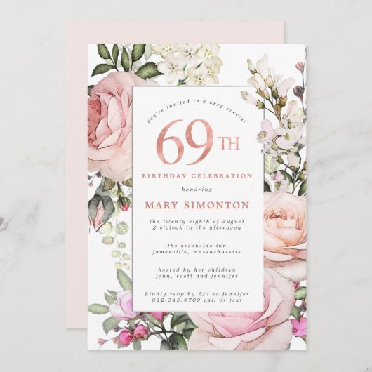 赤面ピンクローズフローラ69thバースデーパーティー 招待状 (正面/裏面)