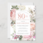 赤面ピンクローズフローラ80thバースデーパーティー マグネット招待状 (正面)