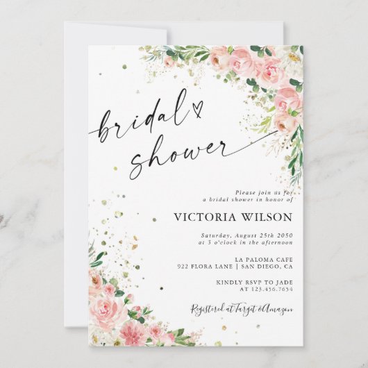 赤面ピンクローズブライダルシャワー招待 招待状 (正面)