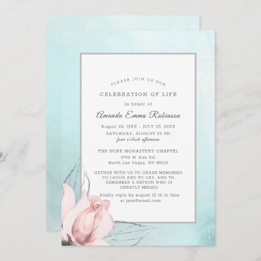 赤面ピンクローズブルーフローラ水彩 サンキューカード (正面/裏面)