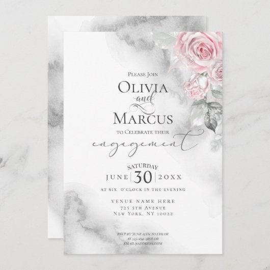 赤面ピンクローズブーケピューターウォーターカラー 招待状 (正面/裏面)