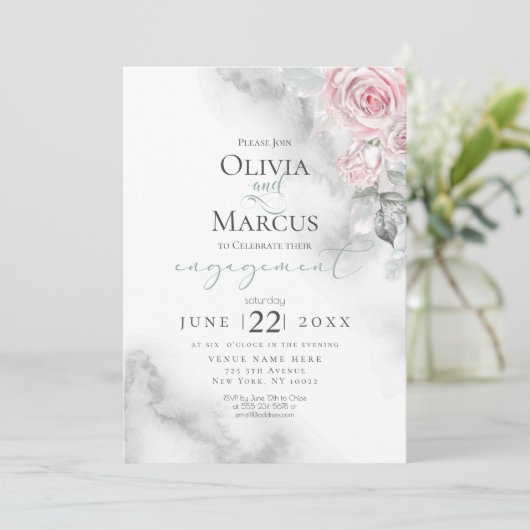 赤面ピンクローズブーケピューターウォーターカラー 招待状 (スタンド正面)