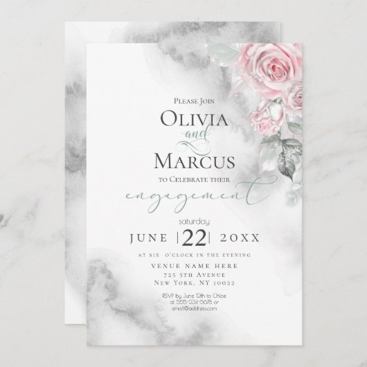 赤面ピンクローズブーケピューターウォーターカラー 招待状 (正面/裏面)