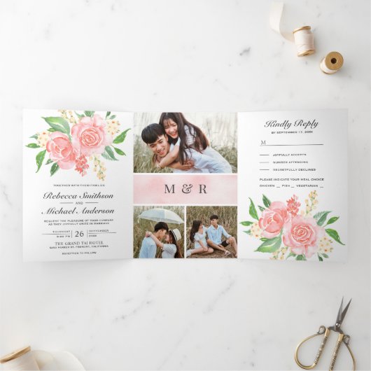 赤面ピンクローズブーケフォトコラージュ結婚ズ 三つ折り招待状 (内部)