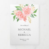 赤面ピンクローズブーケフォトコラージュ結婚ズ 三つ折り招待状 (カバー)