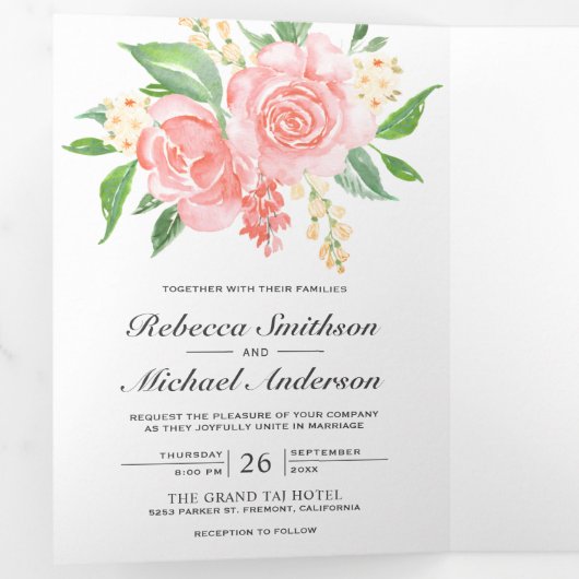 赤面ピンクローズブーケフォトコラージュ結婚ズ 三つ折り招待状 (内部最初)