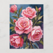 赤面ピンクローズブーケ絵を描ー ポストカード (正面)