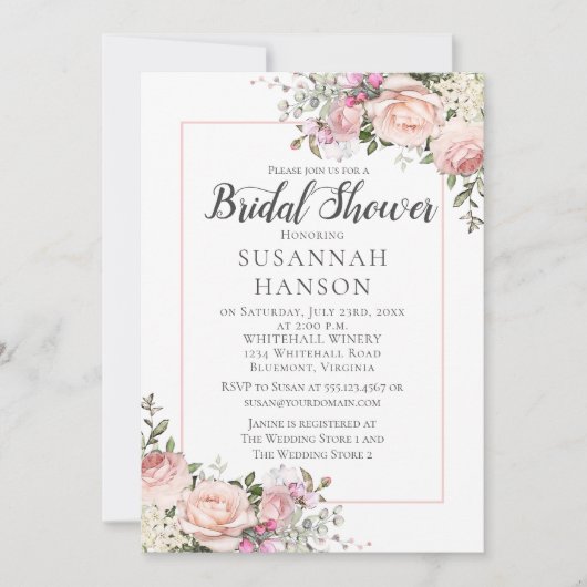 赤面ピンクローズホワイトアジサイブライダルシャワー 招待状 (正面)