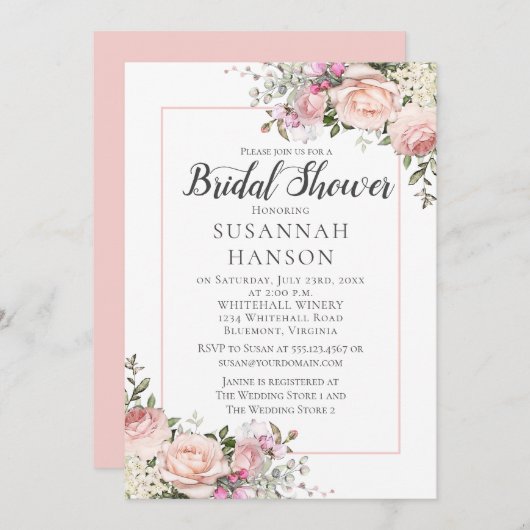 赤面ピンクローズホワイトアジサイブライダルシャワー 招待状 (正面/裏面)