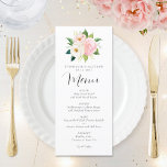 赤面ピンクローズボタニカルウォーター結婚カラー メニュー<br><div class="desc">エレガントなウェディングメニューは、パステルピンクと赤面の色合いのバラと水色のフローラデザインを備えている。名前と文字でメニューをカスタマイズする。一致する製品も利用可能。</div>