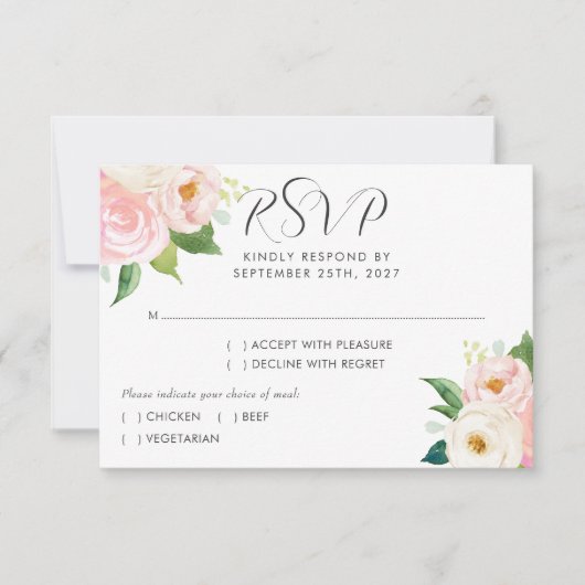 赤面ピンクローズボタニカルウォーター結婚カラー 出欠カード (正面)