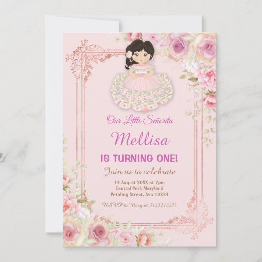 赤面ピンクローズメキシコガールフィエスタ誕生日 招待状 (正面)