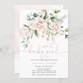 赤面ピンクローズユーカリプトゥスガールベビーシャワー 招待状
