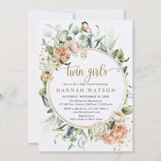 赤面ピンクローズユーカリプトゥスツインガールズベビーシャワー 招待状 (正面)