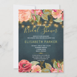 赤面ピンクローズライトネイビー金ゴールドブライダルシャワー 招待状