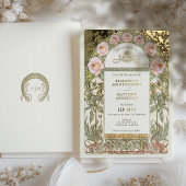 赤面ピンクローズヴィンテージウェディングアールヌーボー 箔招待状