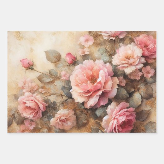 赤面ピンクローズヴィンテージデクページ ラッピングペーパーシート (正面)