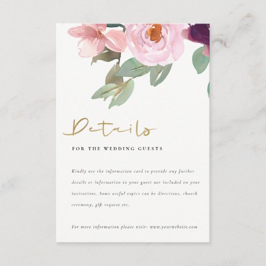 赤面ピンクローズ水彩フローラ結婚詳細 エンクロージャーカード (正面)