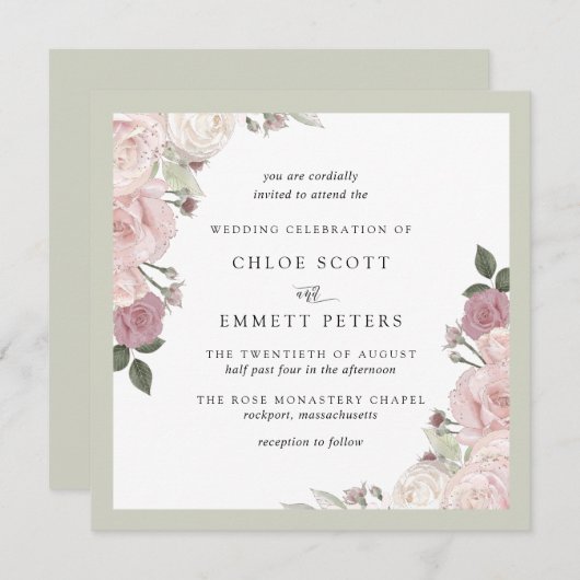 赤面ピンクローズ素朴フローラ結婚ズ 招待状 (正面/裏面)
