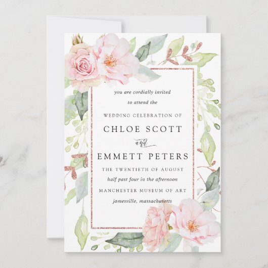 赤面ピンクローズ素朴フローラ結婚式招待状 招待状 (正面)