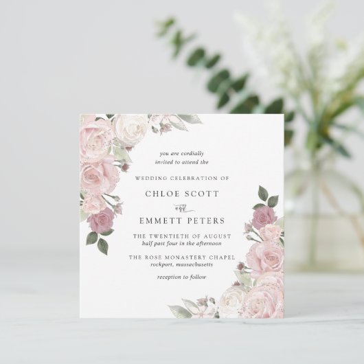 赤面ピンクローズ素朴フローラ結婚式招待状 招待状 (スタンド正面)
