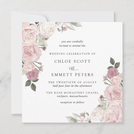 赤面ピンクローズ素朴フローラ結婚式招待状 招待状 (正面)