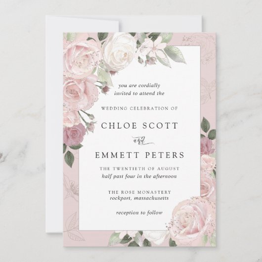赤面ピンクローズ素朴フローラ結婚式招待状 招待状 (正面)