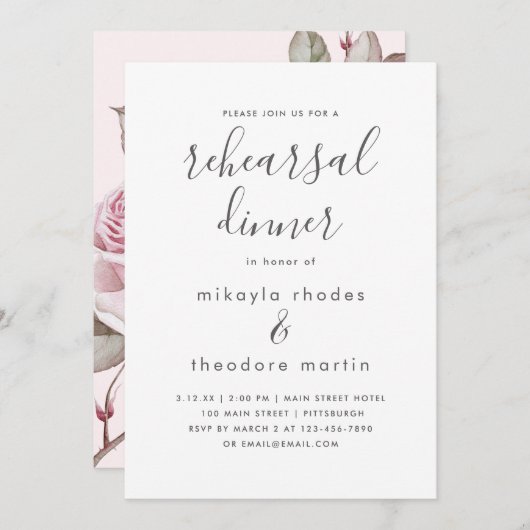 赤面ピンクローズ結婚のリハーサルディナーカード 招待状 (正面/裏面)