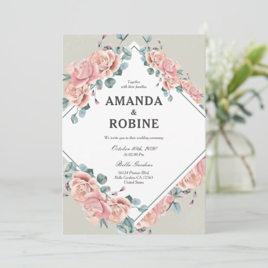 赤面ピンクローズ結婚式招待状 招待状 (スタンド正面)