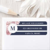 赤面ピンクローズ花模様とホワイト&ネイビーストライプズ ラベル (インサイチュ)