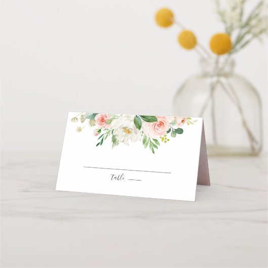 赤面ピンクローズ花模様モダンボタニカル結婚ズ プレイスカード (裏面)