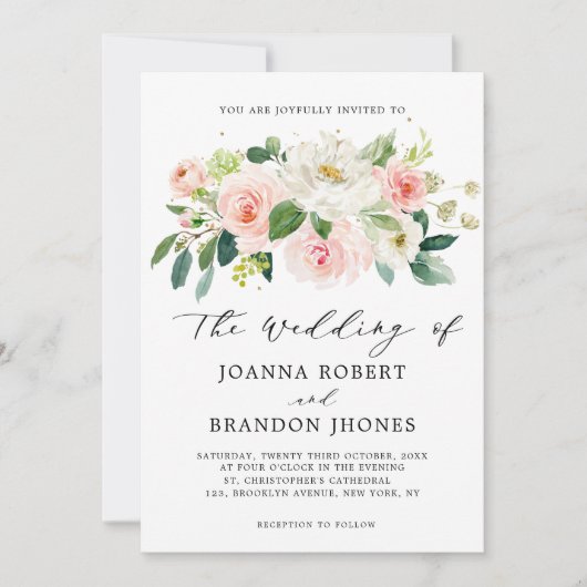 赤面ピンクローズ花模様モダンボタニカル結婚ズ 招待状 (正面)